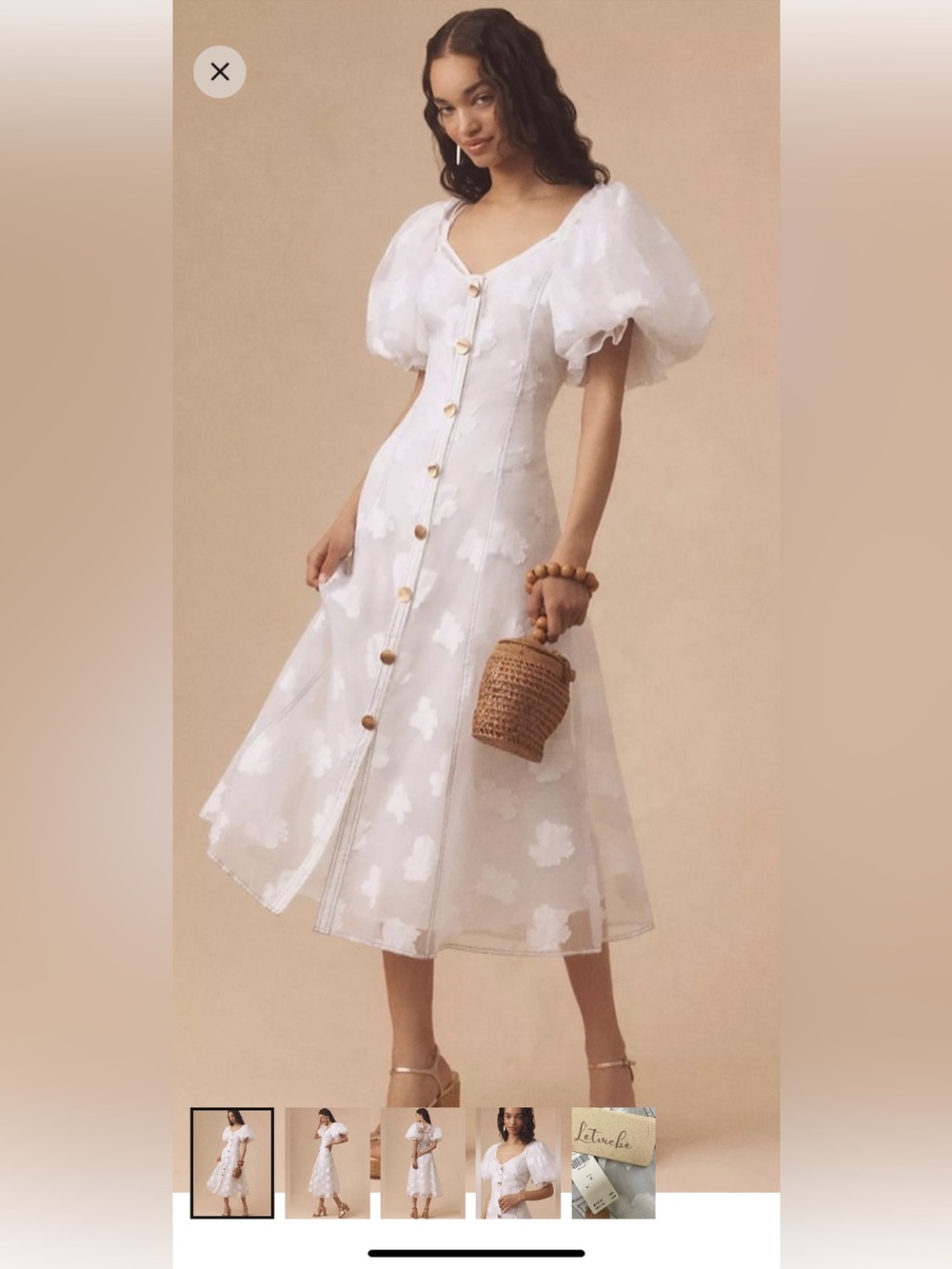 Mable by Anthropology White Puff-Sleeve Button-Front Midi Dress